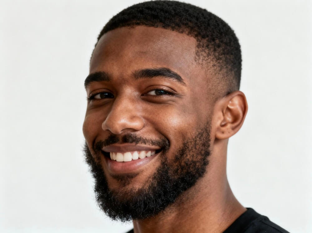 Buzz cut with beard blend in studio lighting